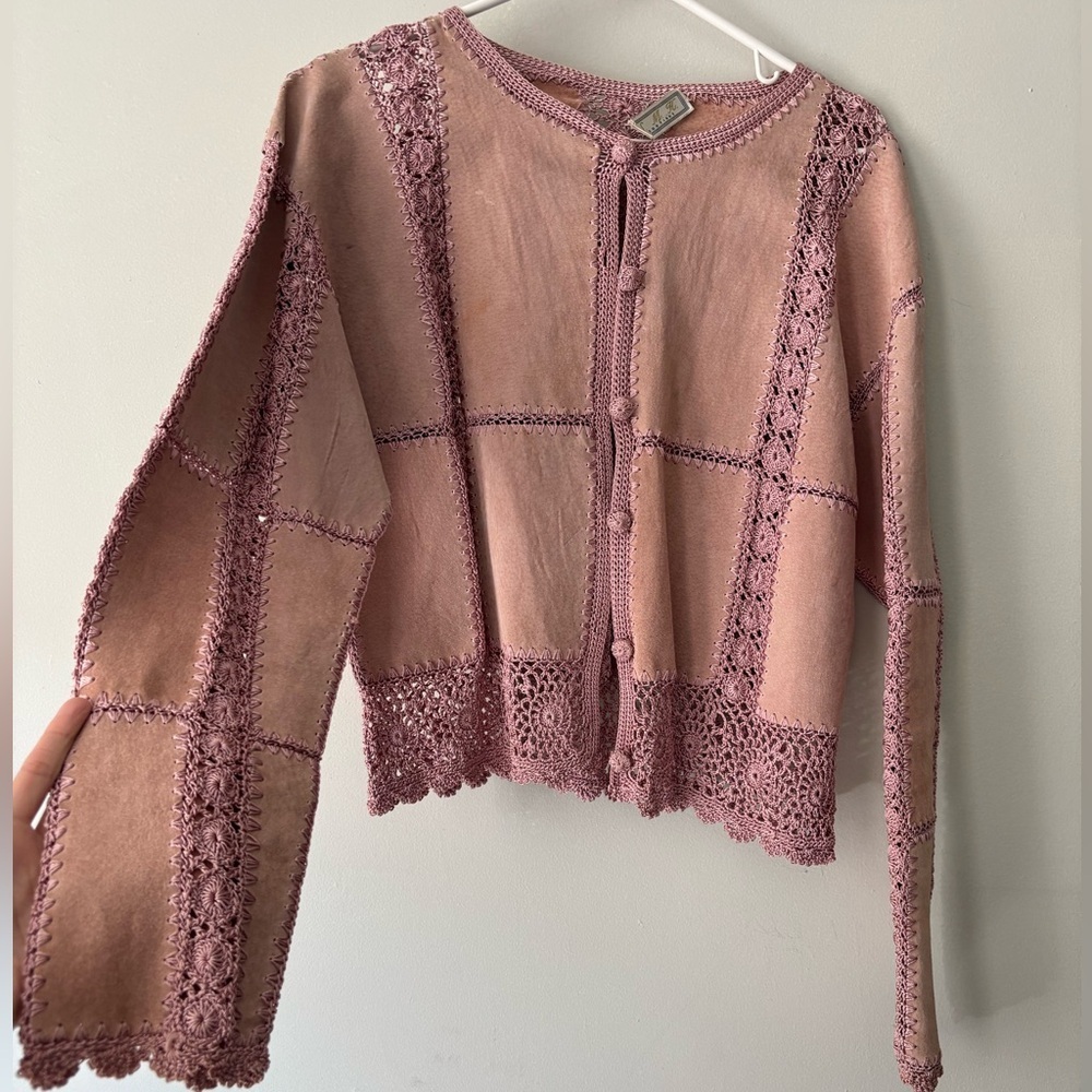 Y2K Fairycore Pink Suede crochet cottage Boho Knitwear Festival cardigan - Large - Picture 5 of 12
